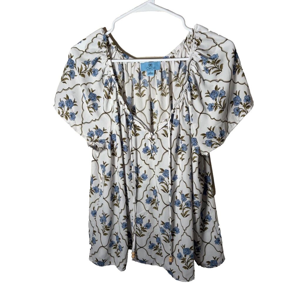 Cece Blouse Women's Large White Floral Short Sleeve V-Neck Tasseled Shirt Top